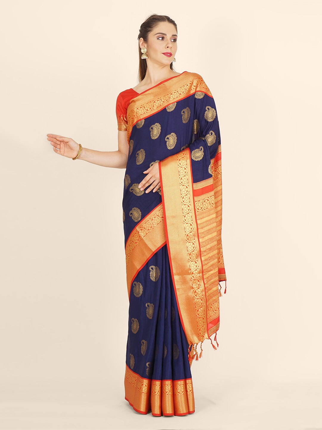 

Bangalore Silk Emporium Navy Blue & Orange Woven Design Zari Satin Kanjeevaram Saree