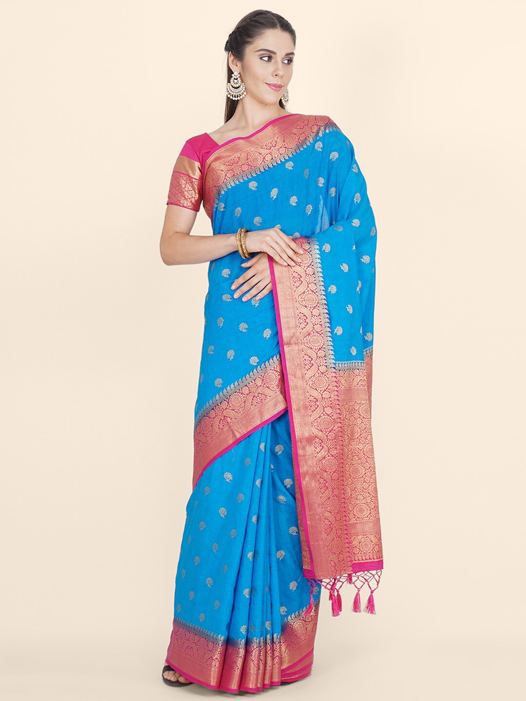 

Bangalore Silk Emporium Blue & Magenta Woven Design Zari Linen Blend Kanjeevaram Saree