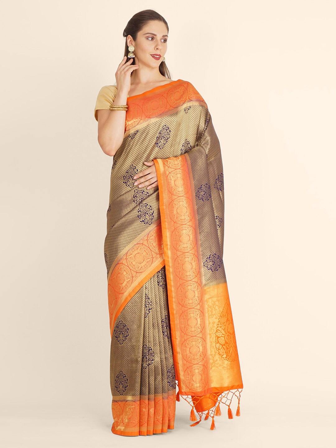

Bangalore Silk Emporium Black & Orange Ethnic Motifs Zari Silk Blend Kanjeevaram Saree
