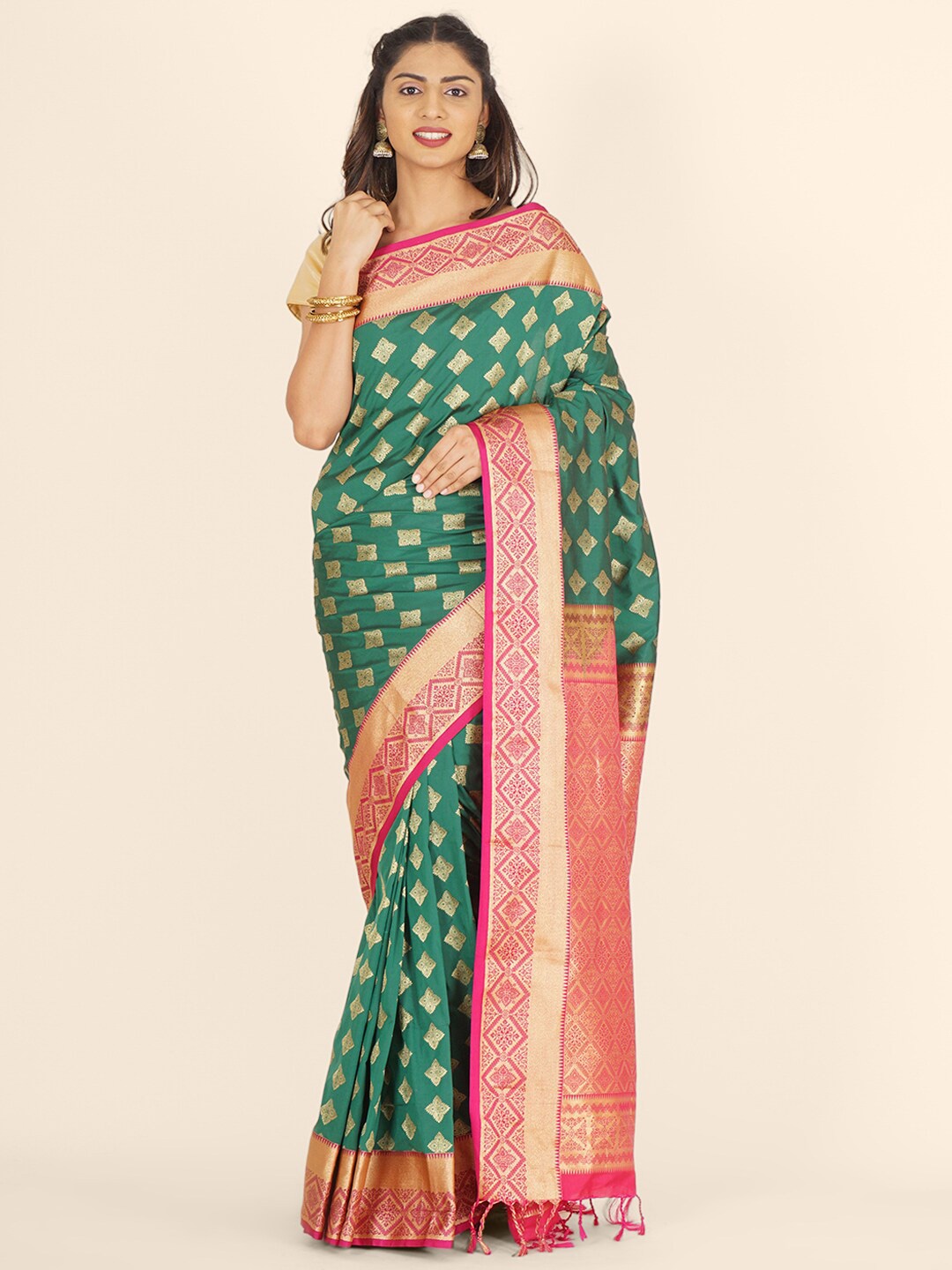 

Bangalore Silk Emporium Green & Pink Woven Design Zari Art Silk Kanjeevaram Saree