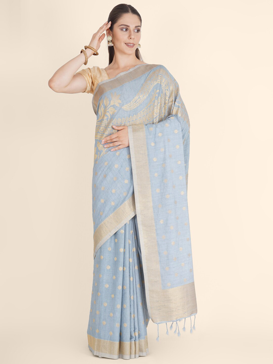

Bangalore Silk Emporium Grey & Gold-Toned Ethnic Motifs Zari Linen Blend Kanjeevaram Saree