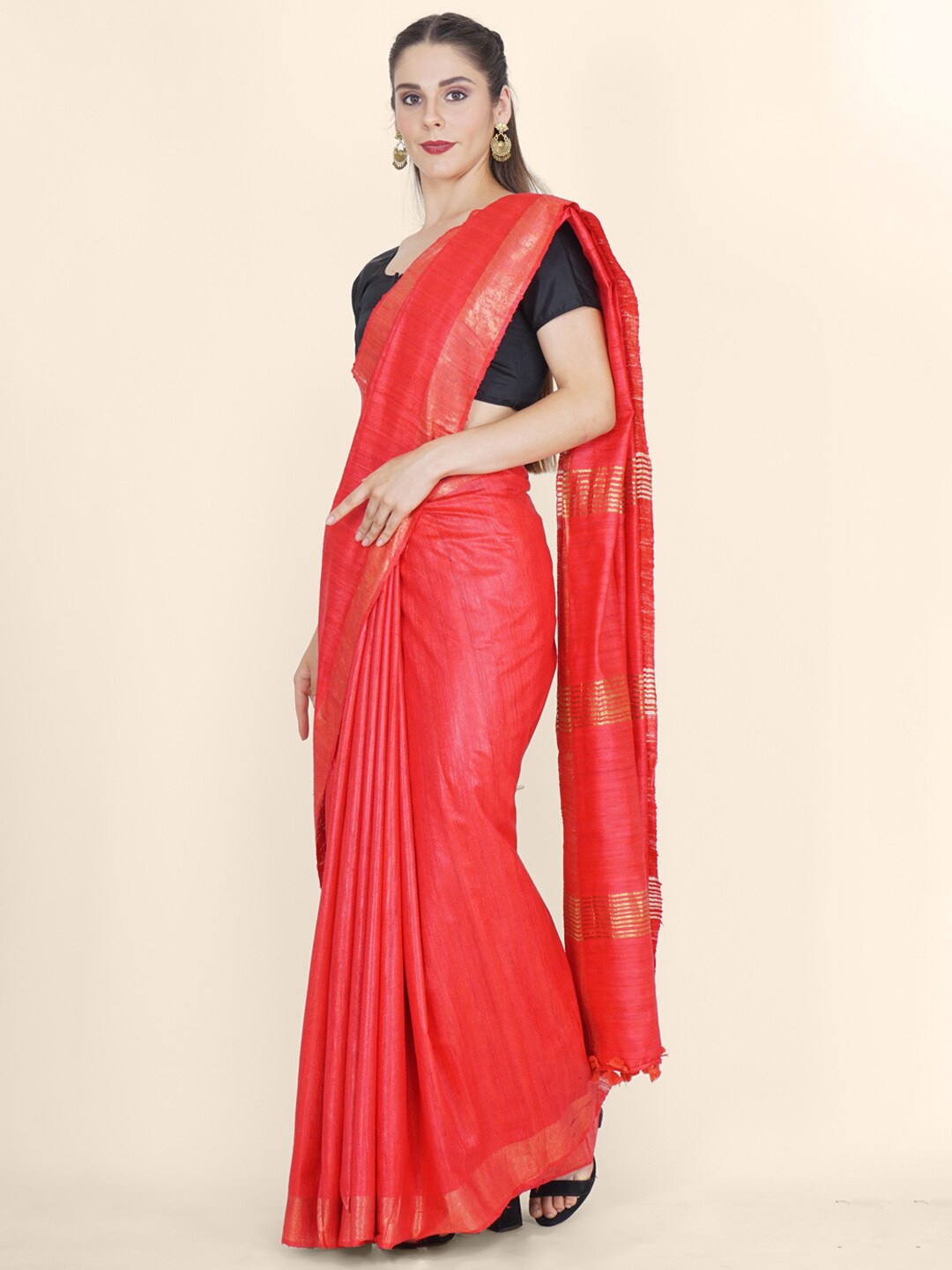 

Bangalore Silk Emporium Red & Gold-Toned Linen Blend Kanjeevaram Saree