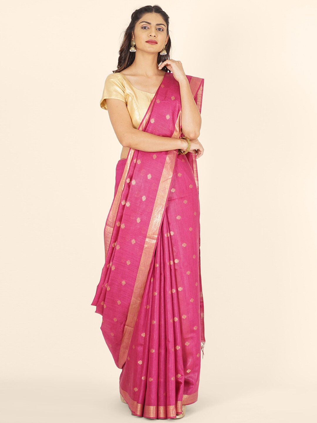 

Bangalore Silk Emporium Pink & Gold-Toned Ethnic Motifs Linen Blend Kanjeevaram Saree