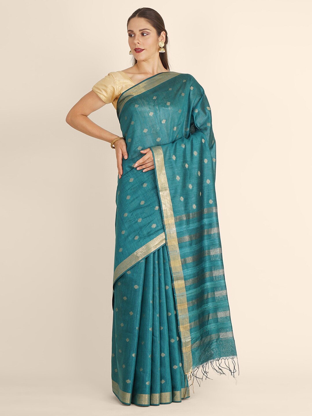 

Bangalore Silk Emporium Green Woven Design Zari Linen Blend Kanjeevaram Saree