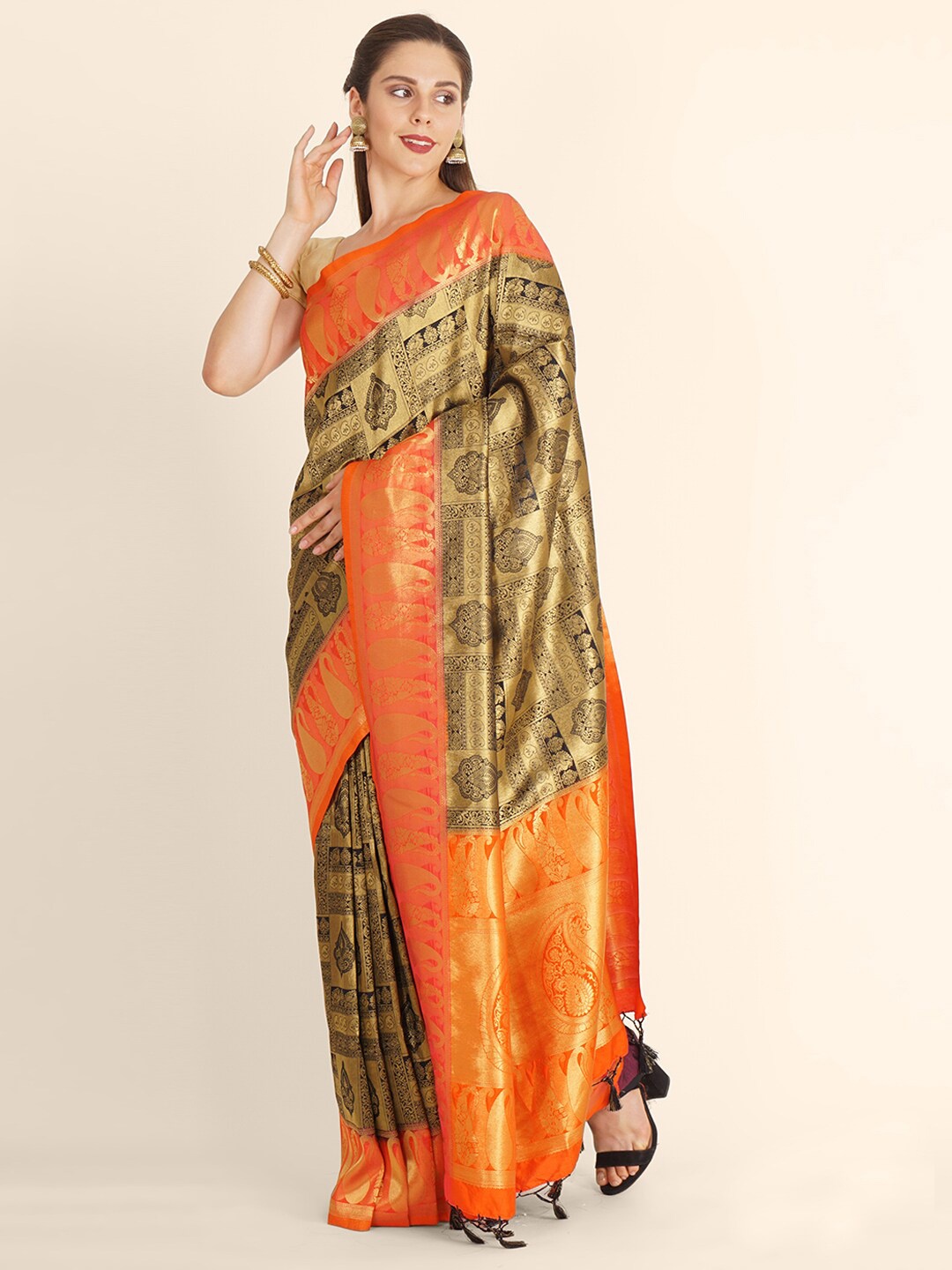 

Bangalore Silk Emporium Black & Orange Woven Design Zari Satin Kanjeevaram Saree