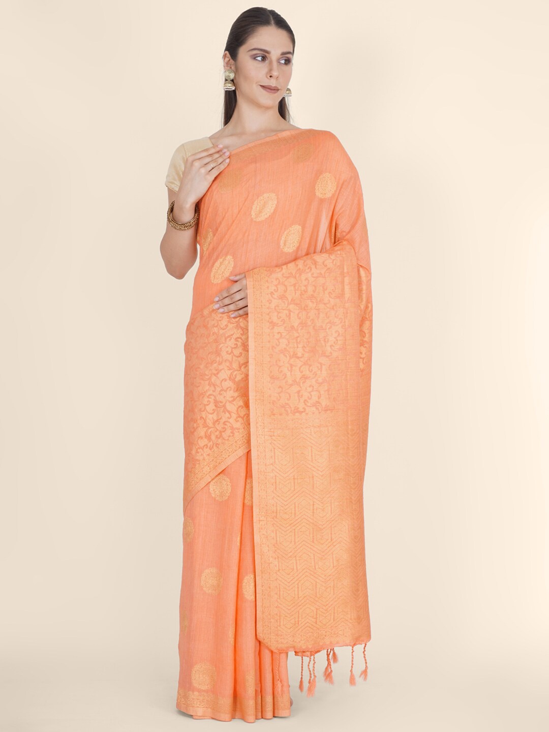 

Bangalore Silk Emporium Peach-Coloured & Gold-Toned Woven Design Zari Linen Blend Kanjeevaram Saree