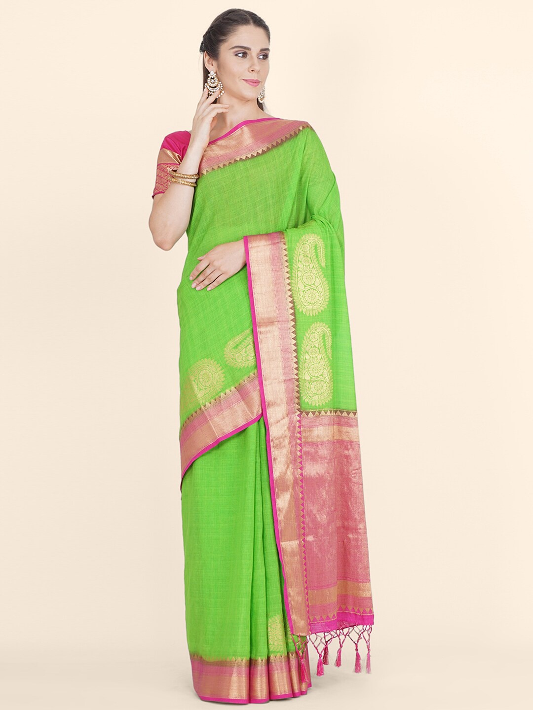 

Bangalore Silk Emporium Green & Magenta Ethnic Motifs Zari Linen Blend Kanjeevaram Saree