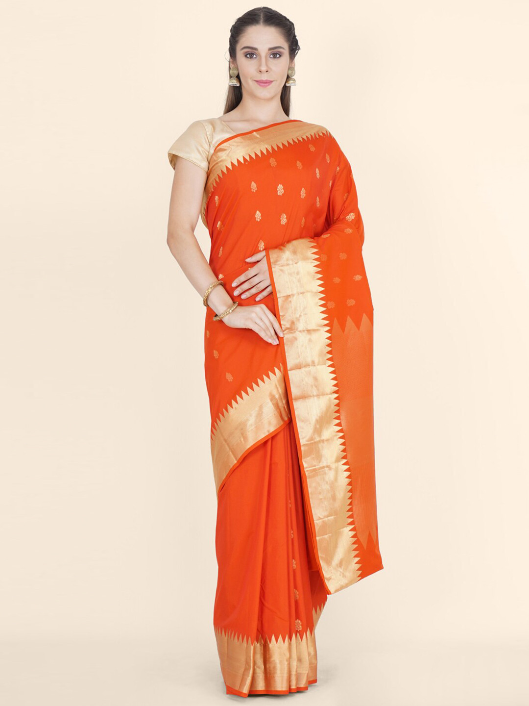 

Bangalore Silk Emporium Orange & Gold-Toned Woven Design Zari Silk Blend Kanjeevaram Saree