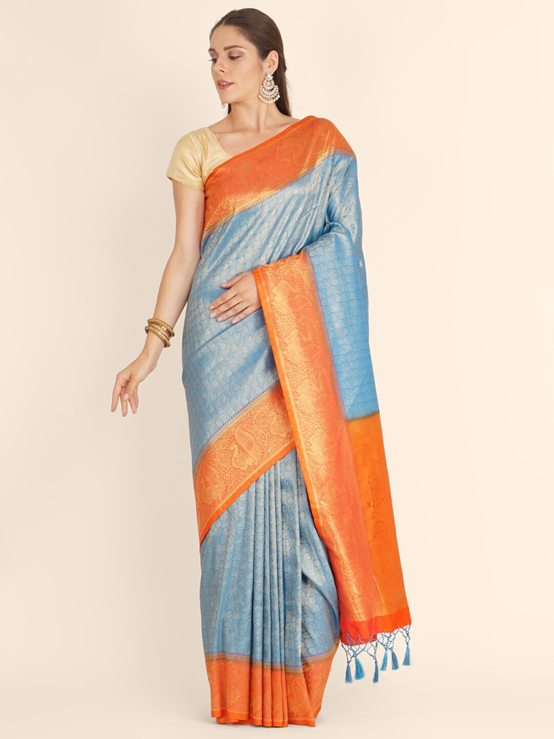 

Bangalore Silk Emporium Blue & Orange Woven Design Zari Satin Kanjeevaram Saree