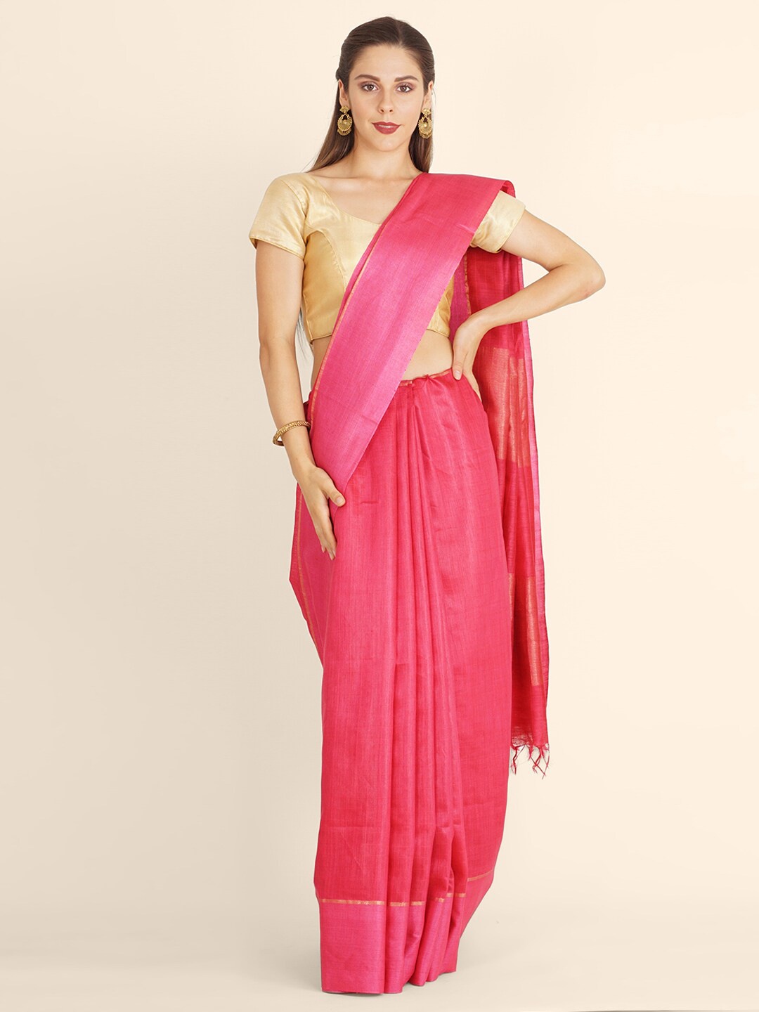 

Bangalore Silk Emporium Pink & Gold-Toned Pure Linen Kanjeevaram Saree