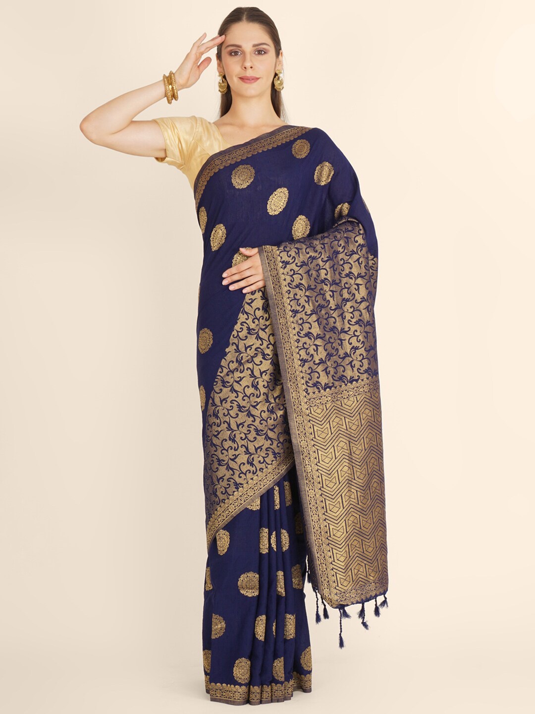 

Bangalore Silk Emporium Navy Blue & Gold-Toned Woven Design Zari Linen Blend Kanjeevaram Saree