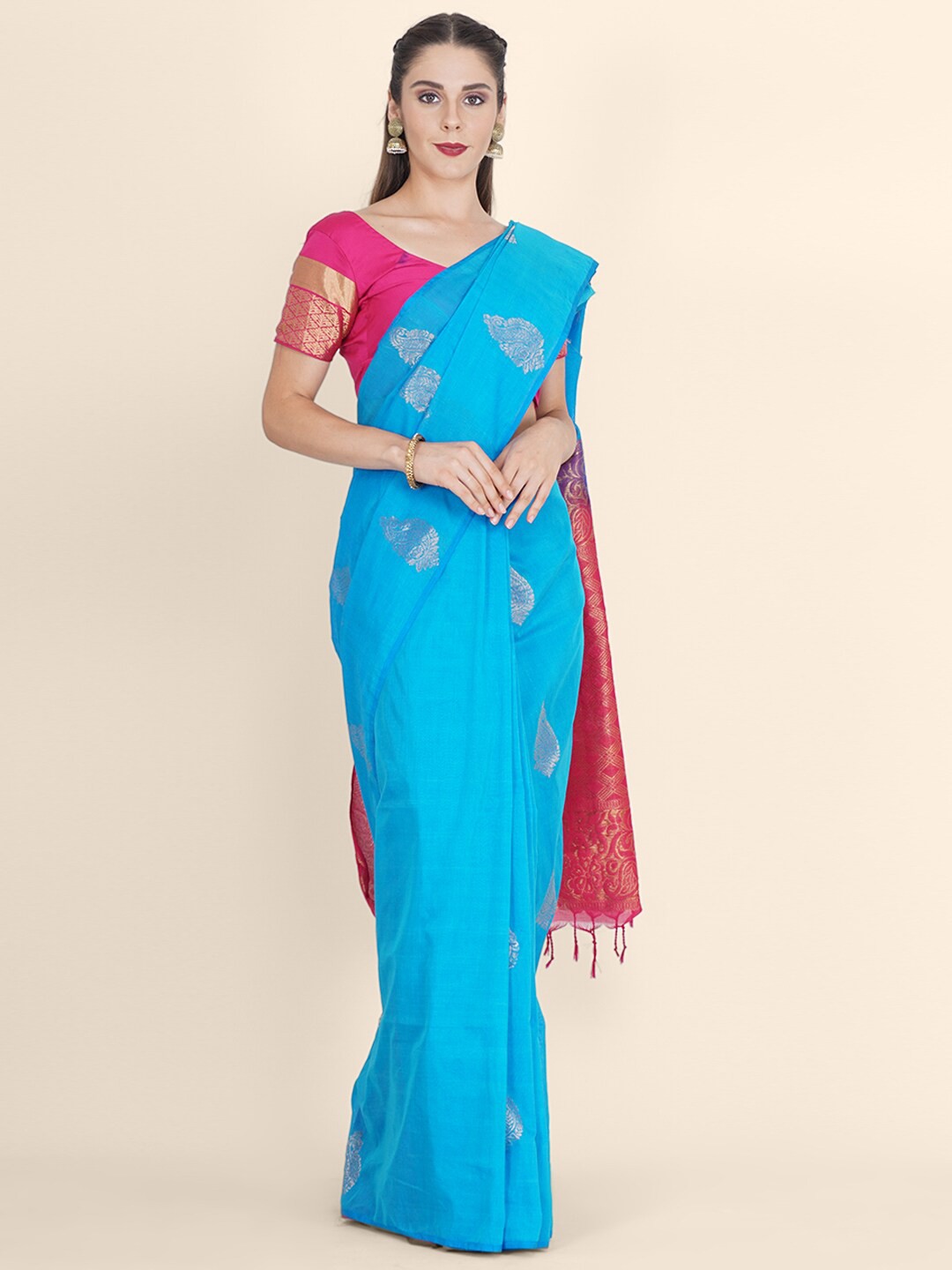 

Bangalore Silk Emporium Blue & Pink Woven Design Zari Art Silk Kanjeevaram Saree