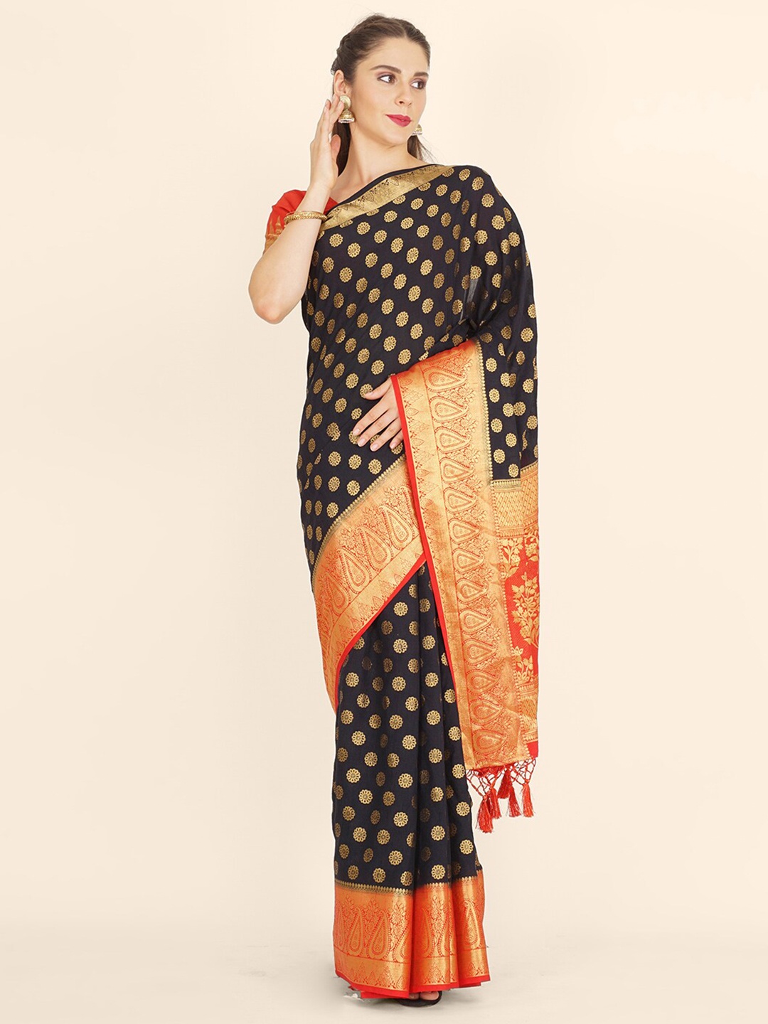 

Bangalore Silk Emporium Black & Red Woven Design Zari Linen Blend Kanjeevaram Saree
