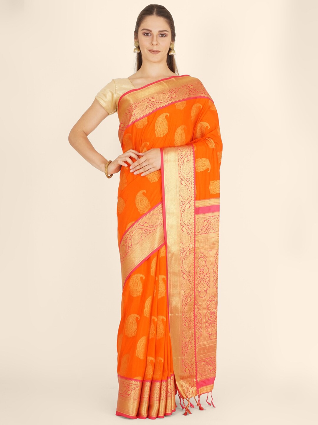 

Bangalore Silk Emporium Orange Paisley Zari Satin Kanjeevaram Saree