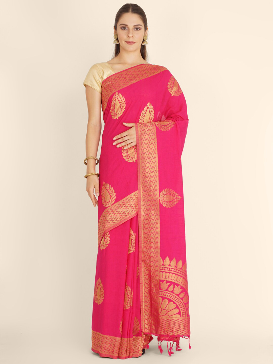 

Bangalore Silk Emporium Pink & Gold-Toned Woven Design Zari Linen Blend Kanjeevaram Saree