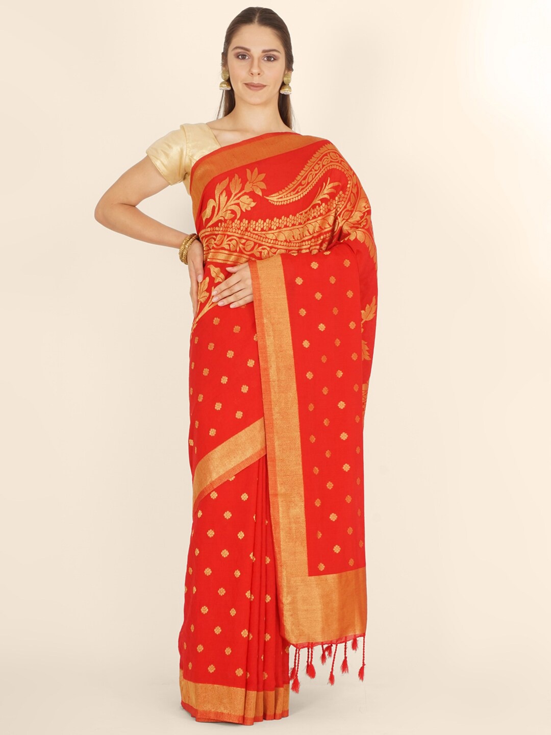 

Bangalore Silk Emporium Red & Gold-Toned Zari Linen Blend Kanjeevaram Saree