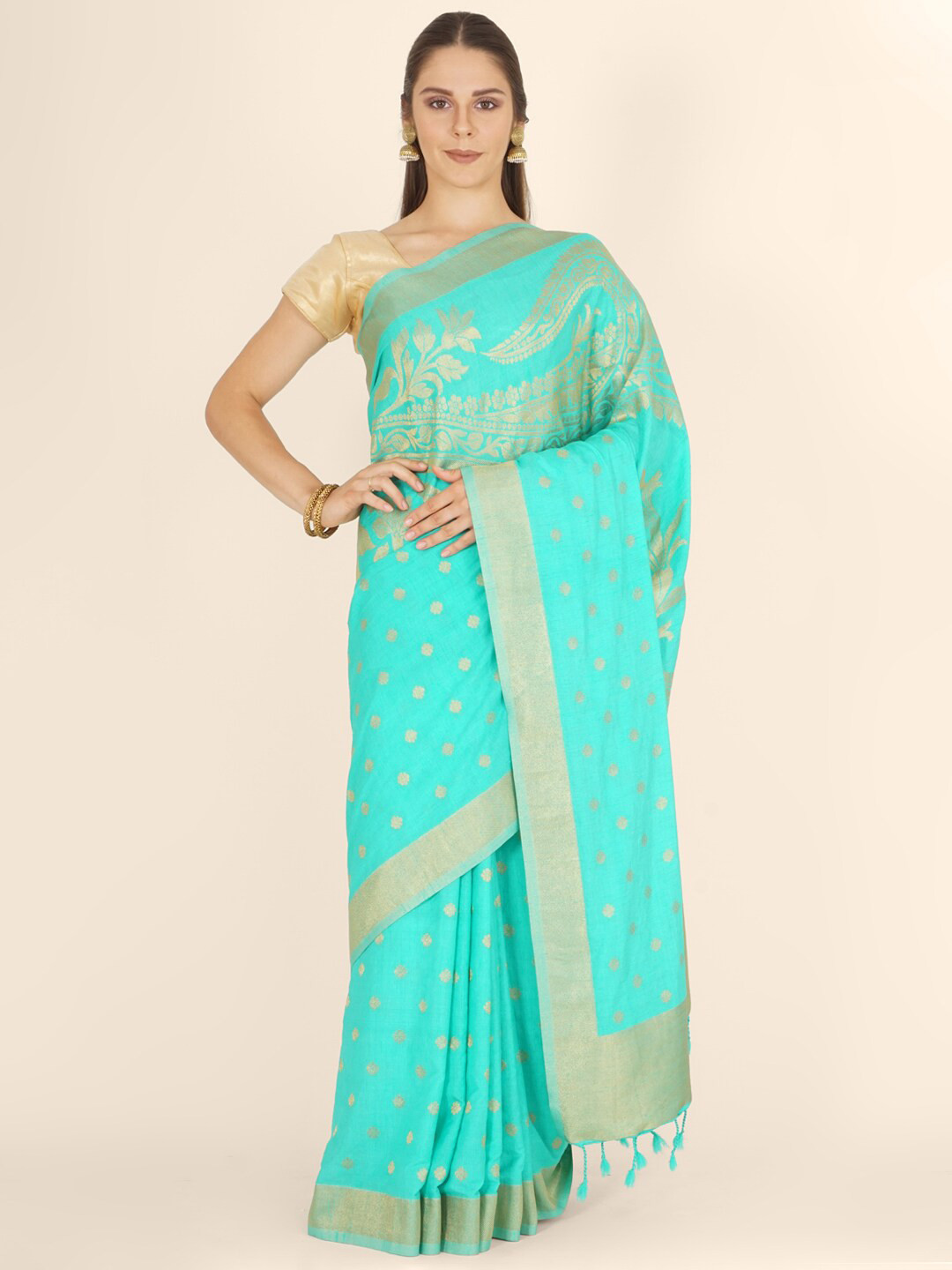 

Bangalore Silk Emporium Blue & Gold-Toned Woven Design Zari Linen Blend Kanjeevaram Saree