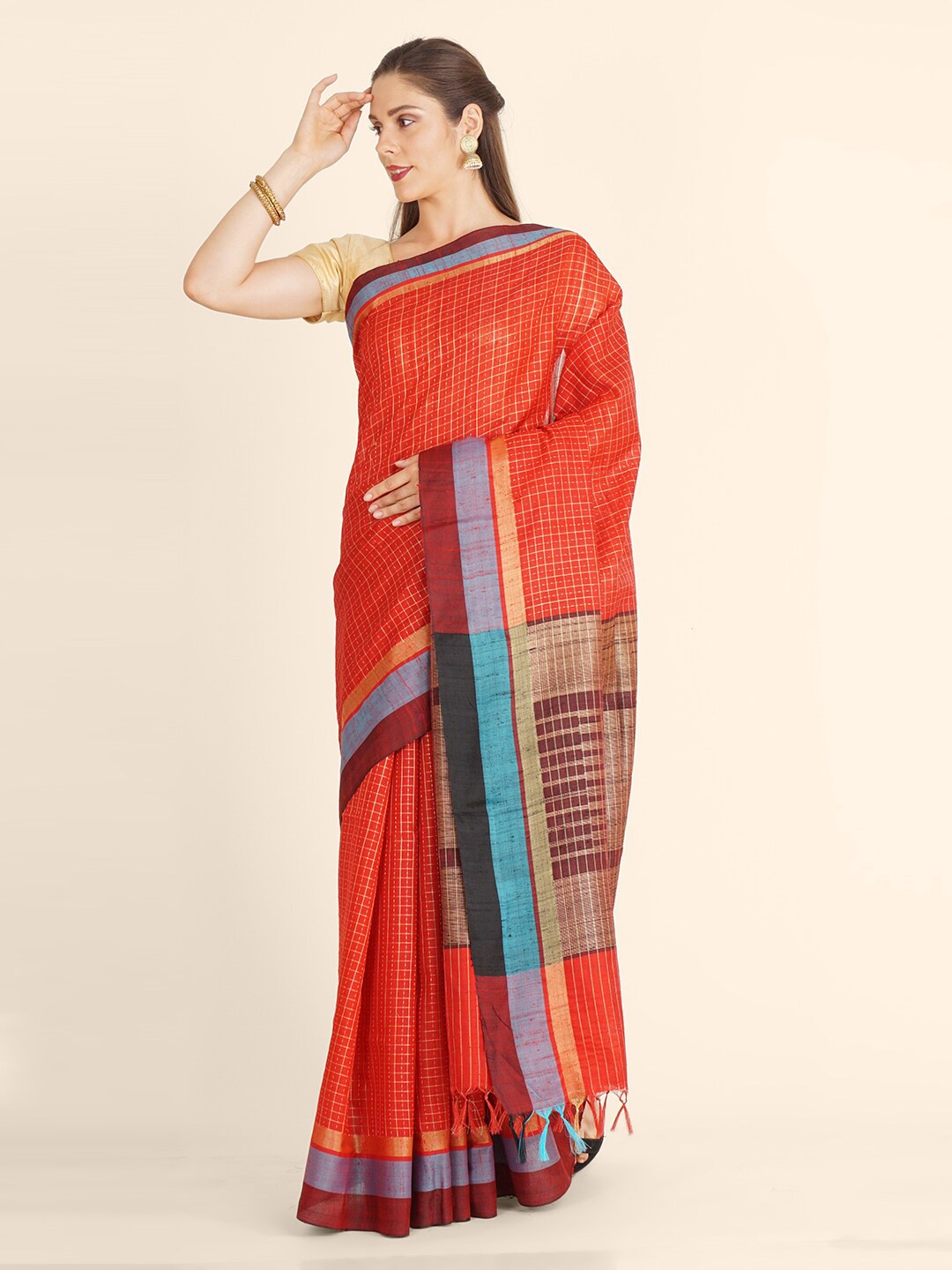 

Bangalore Silk Emporium Red & Blue Woven Design Zari Art Silk Kanjeevaram Saree