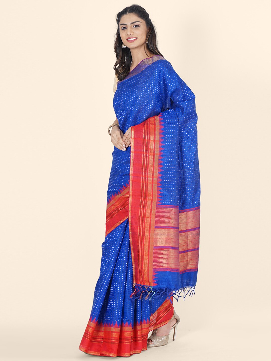 

Bangalore Silk Emporium Blue & Red Zari Art Silk Kanjeevaram Saree