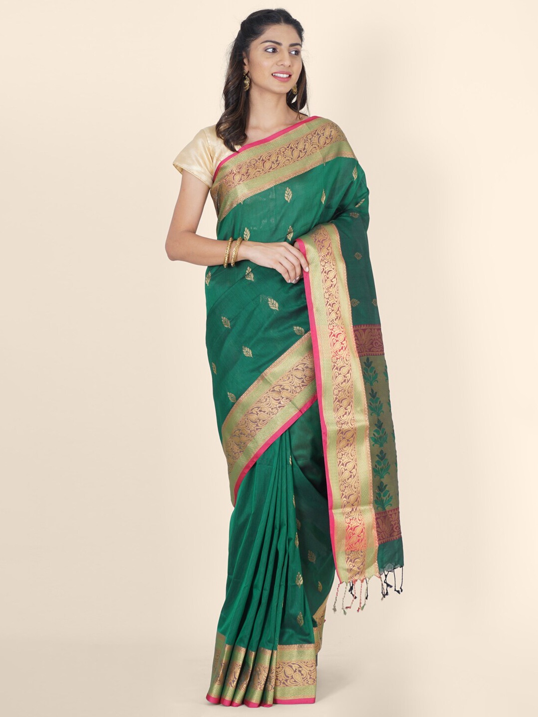 

Bangalore Silk Emporium Green & Pink Woven Design Zari Art Silk Kanjeevaram Saree