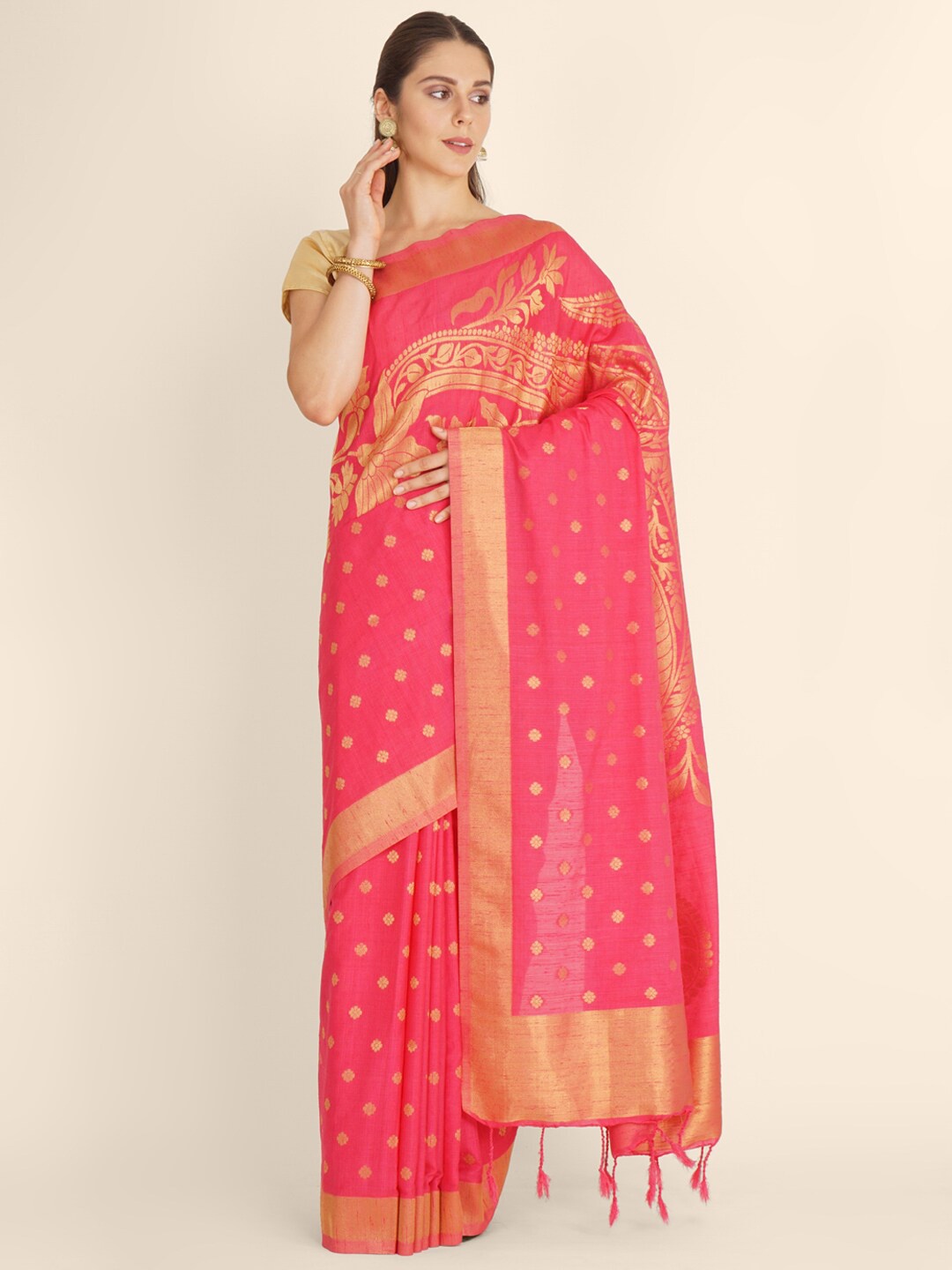

Bangalore Silk Emporium Pink Woven Design Zari Linen Blend Kanjeevaram Saree