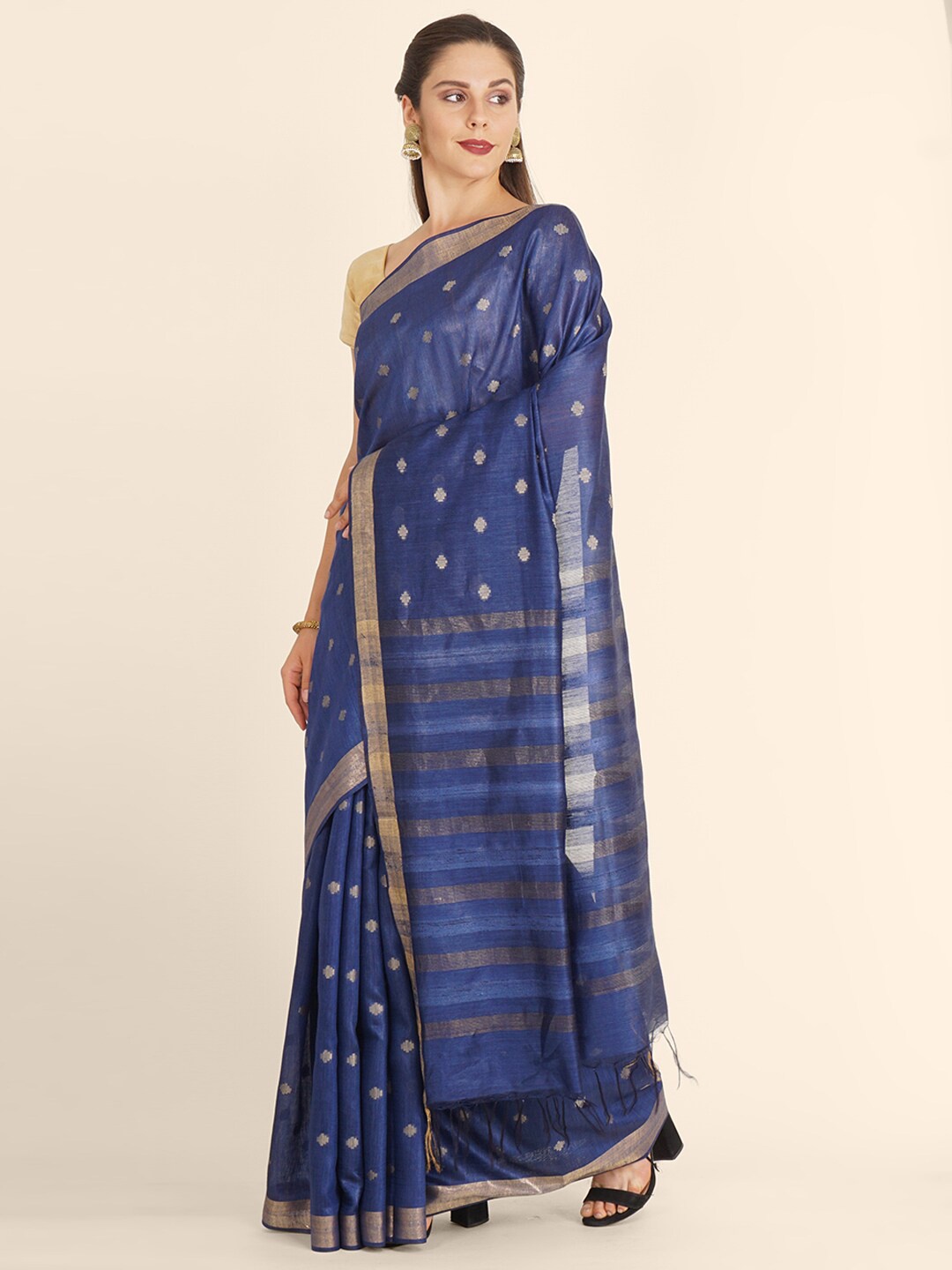 

Bangalore Silk Emporium Navy Blue & Beige Woven Design Zari Linen Blend Kanjeevaram Saree