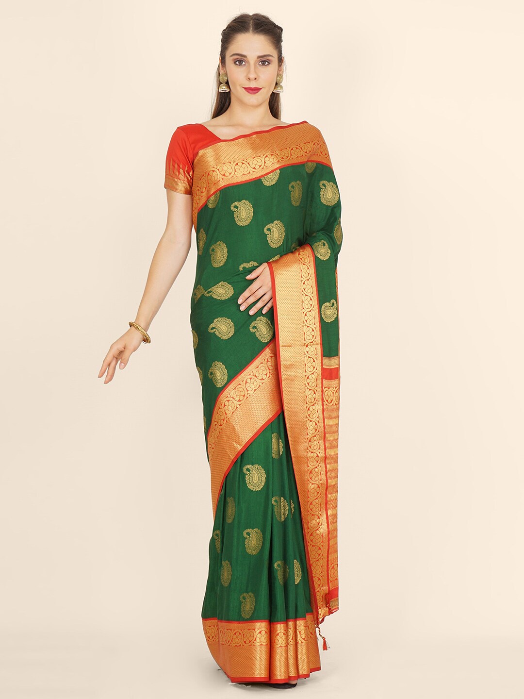 

Bangalore Silk Emporium Green & Orange Paisley Zari Satin Kanjeevaram Saree