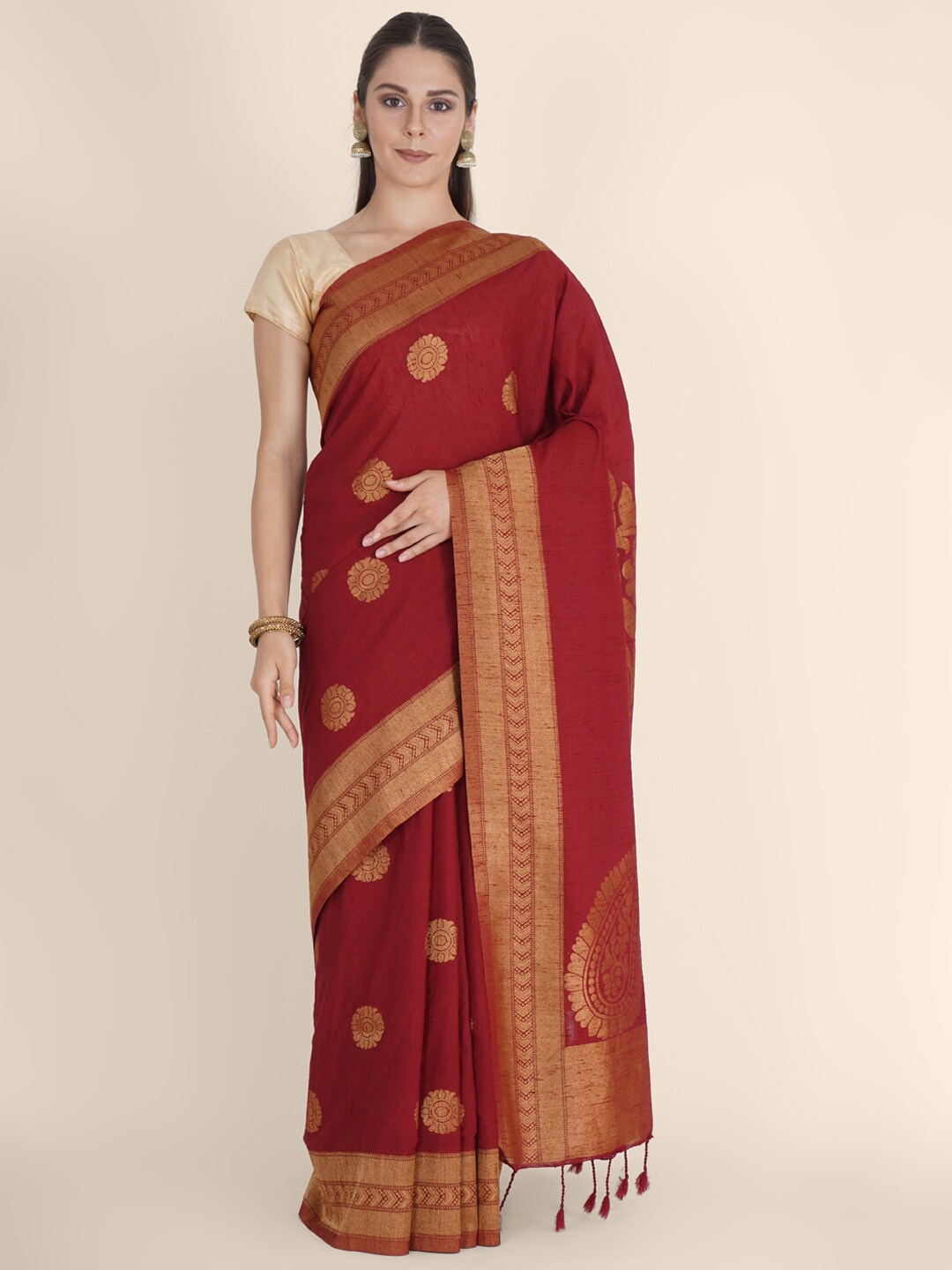

Bangalore Silk Emporium Maroon Paisley Zari Linen Blend Kanjeevaram Saree