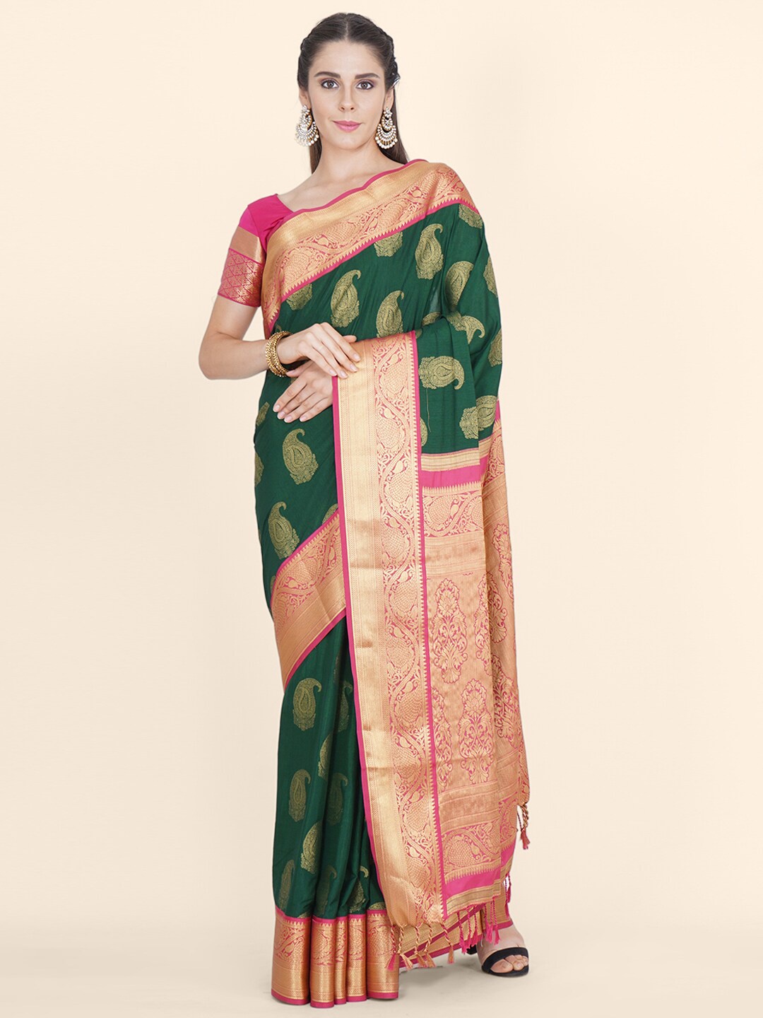 

Bangalore Silk Emporium Green & Pink Woven Design Zari Satin Kanjeevaram Saree