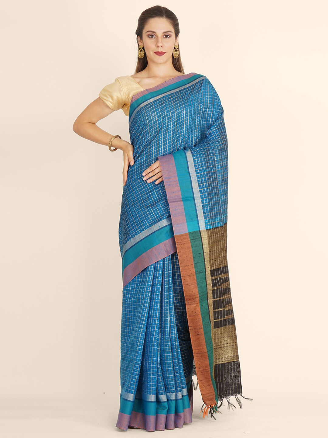 

Bangalore Silk Emporium Blue Checked Art Silk Kanjeevaram Saree