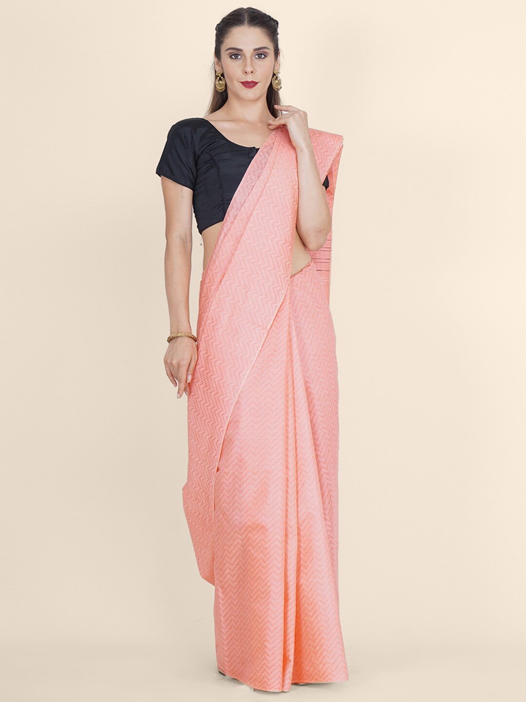 

Bangalore Silk Emporium Peach-Coloured Woven Design Zari Silk Blend Kanjeevaram Saree
