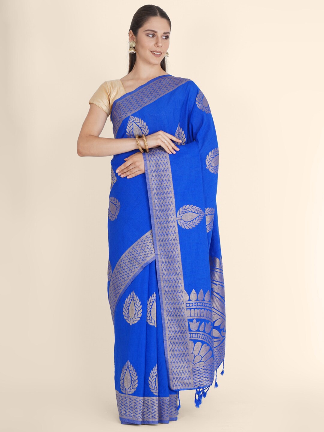 

Bangalore Silk Emporium Blue Ethnic Motifs Linen Blend Kanjeevaram Saree