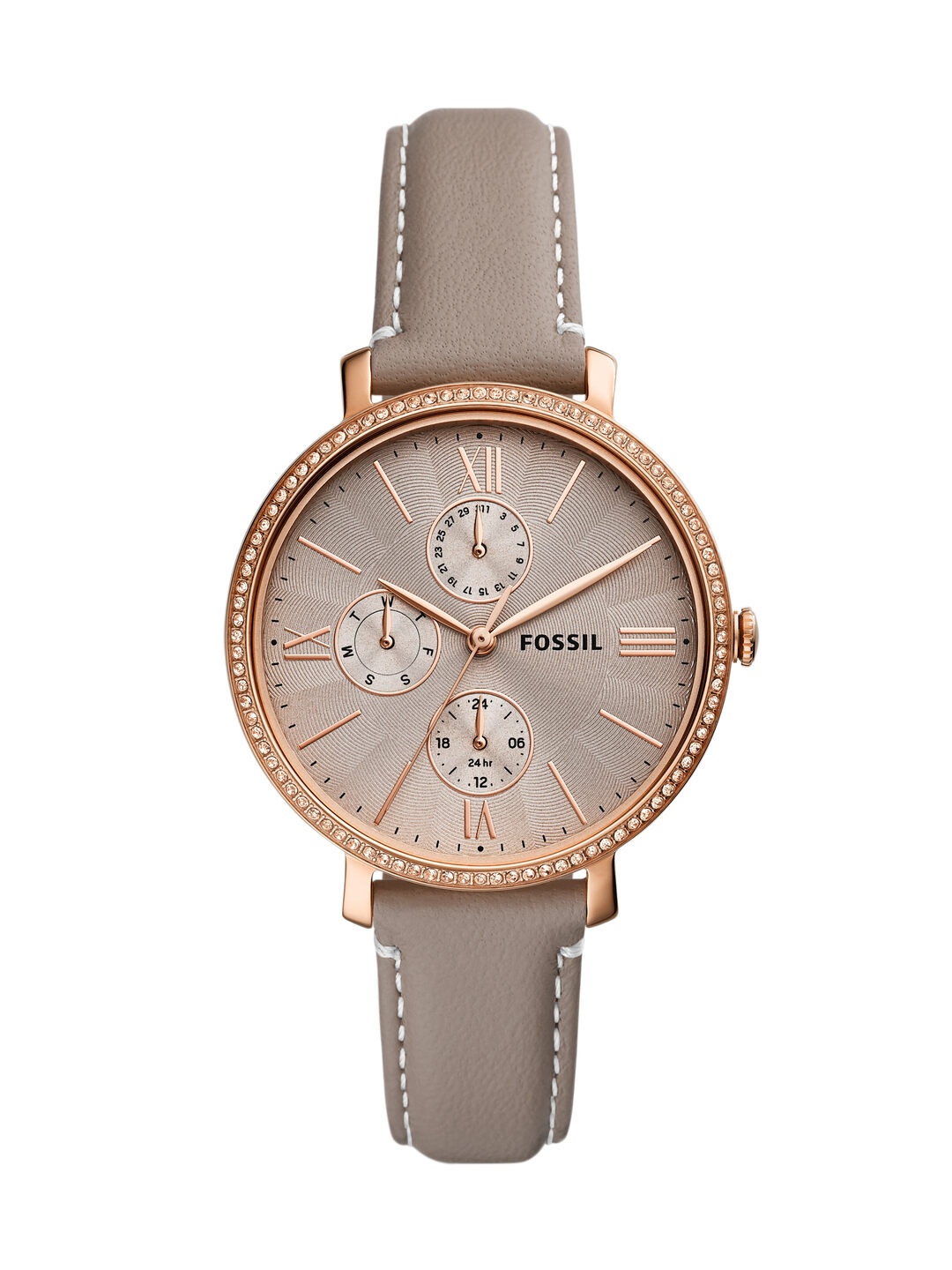 

Fossil Women Grey Embellished Dial & Grey Leather Straps Analogue Watch ES5097