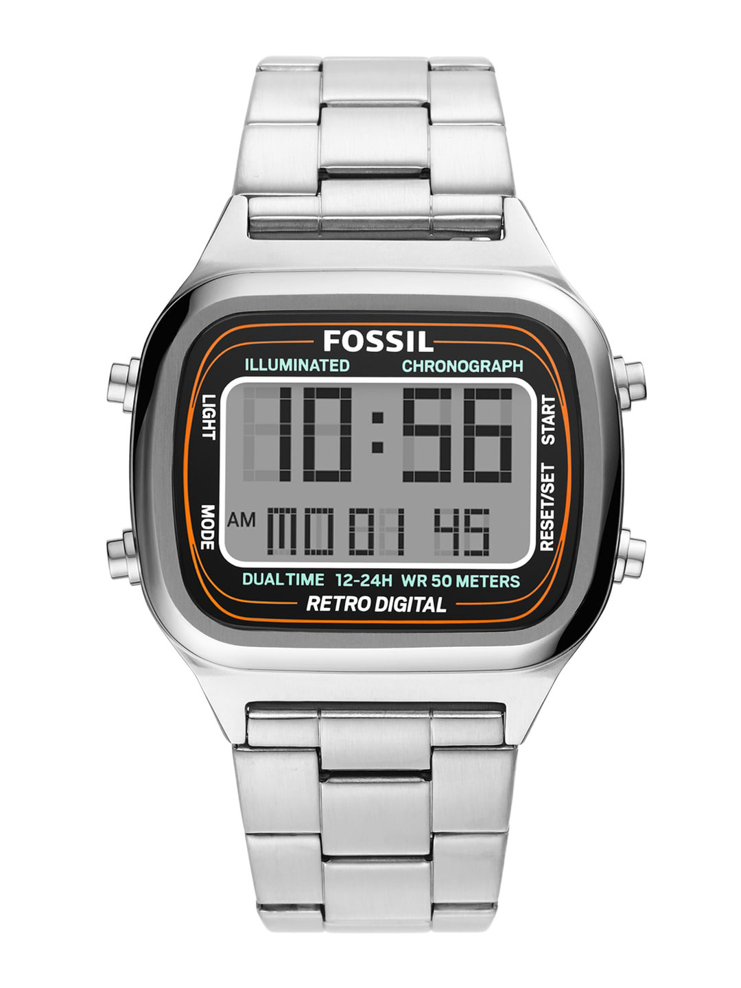 

Fossil Men Black Dial & Silver Toned Stainless Steel Bracelet Style Straps Digital Chronograph Automatic Watch