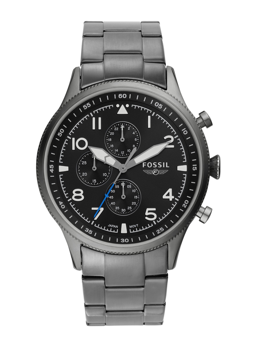 

Fossil Men Black Dial & Grey Stainless Steel Bracelet Style Straps Analogue Watch FS5834