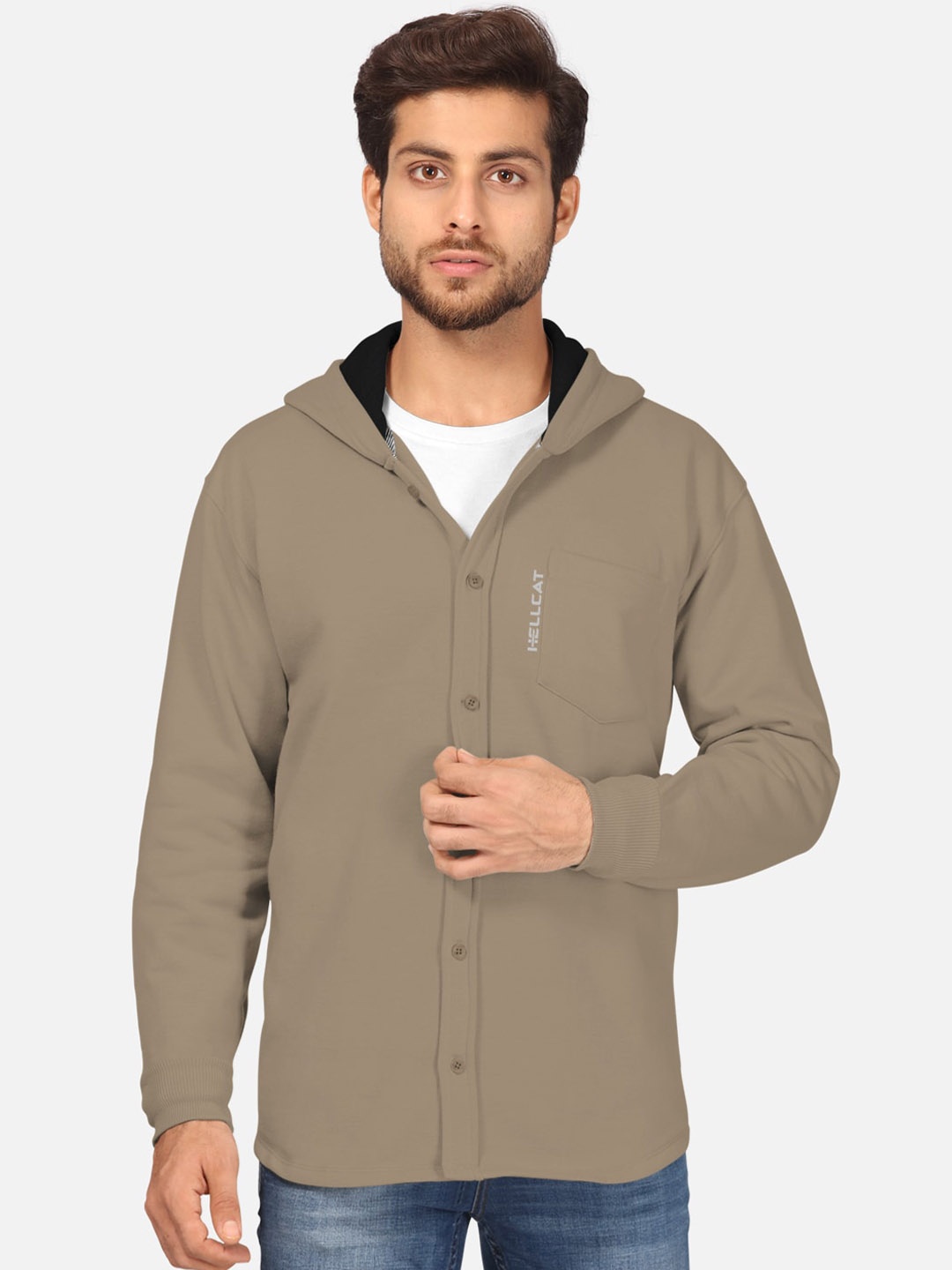 

BULLMER Men Beige Solid Hooded Front-Open Sweatshirt