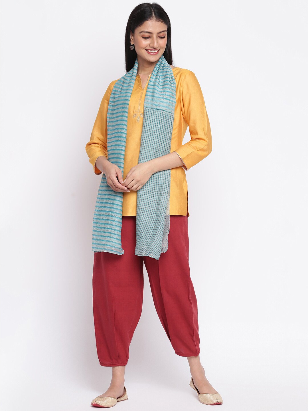 

Fabindia Women Turquoise Blue Printed Stoles
