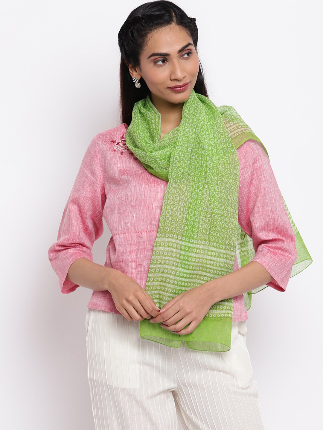 

Fabindia Women Green & Off White Printed Stole