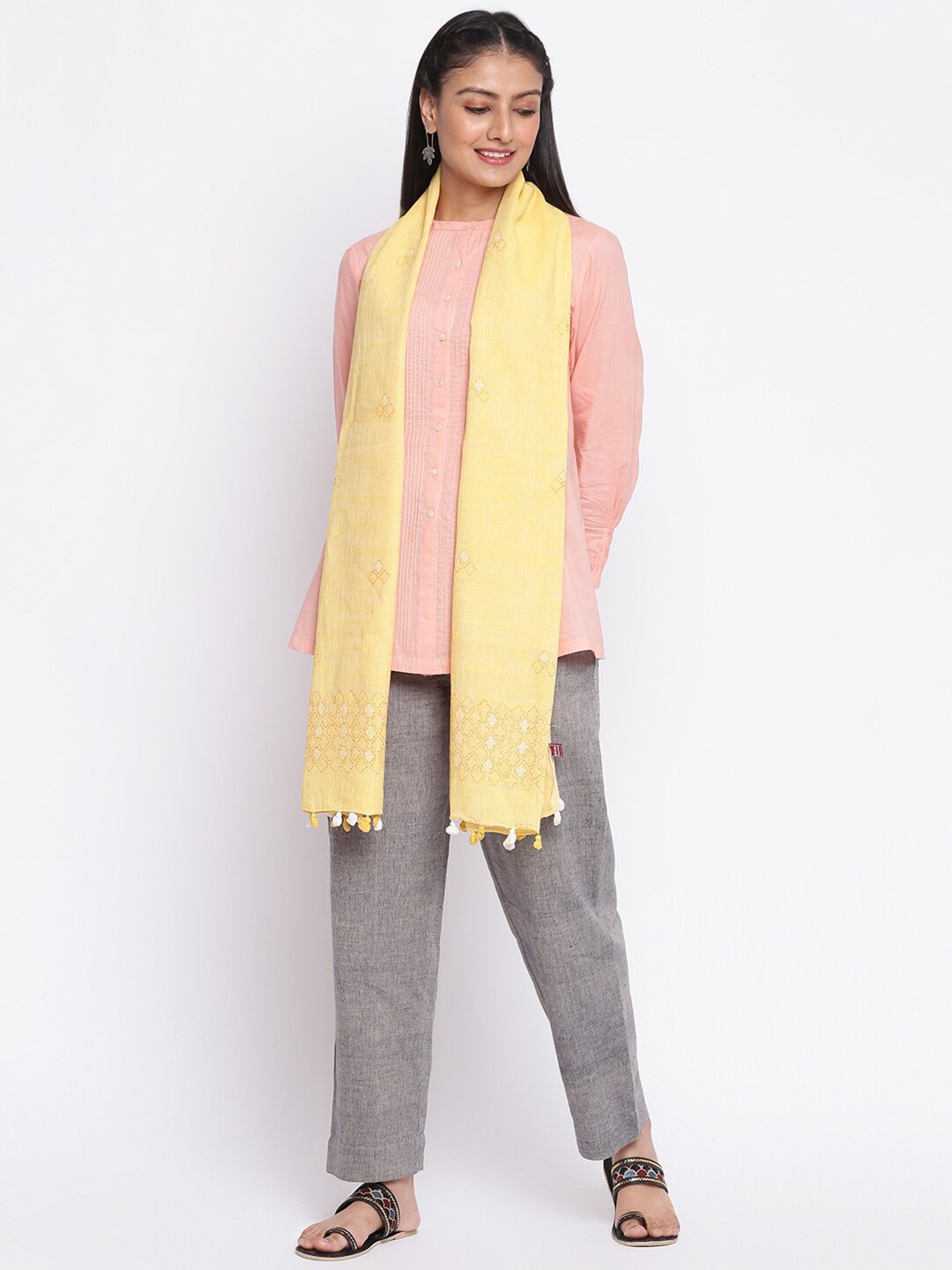 

Fabindia Women Yellow & White Embroidered Stole