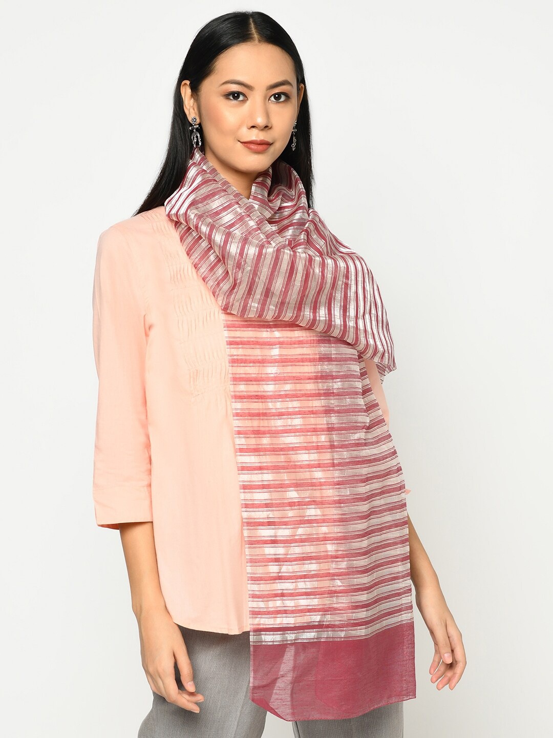 

Fabindia Women Maroon & Silver-Toned Striped Stole