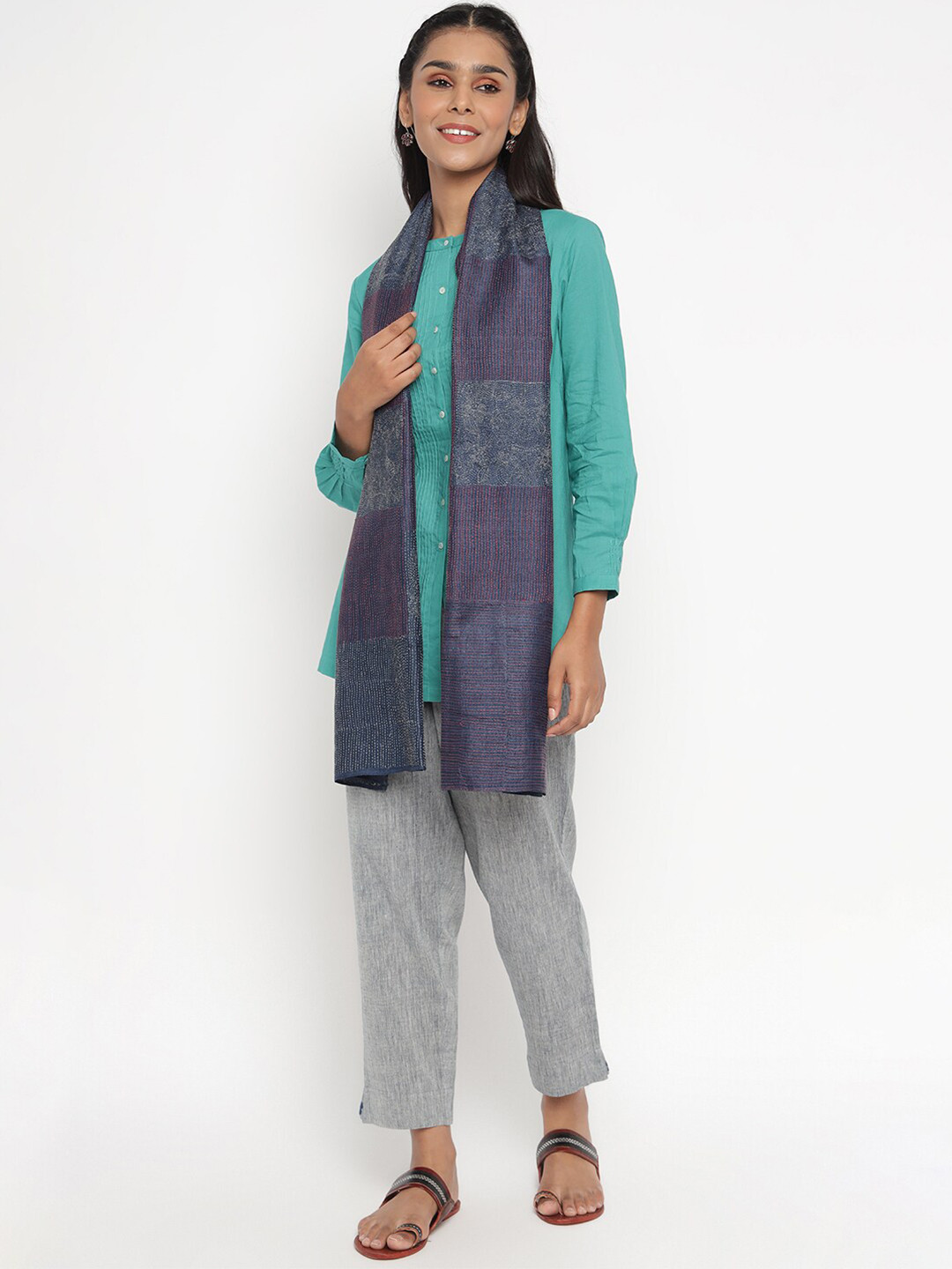 

Fabindia Women Blue Tussar Silk Embroidered Stole