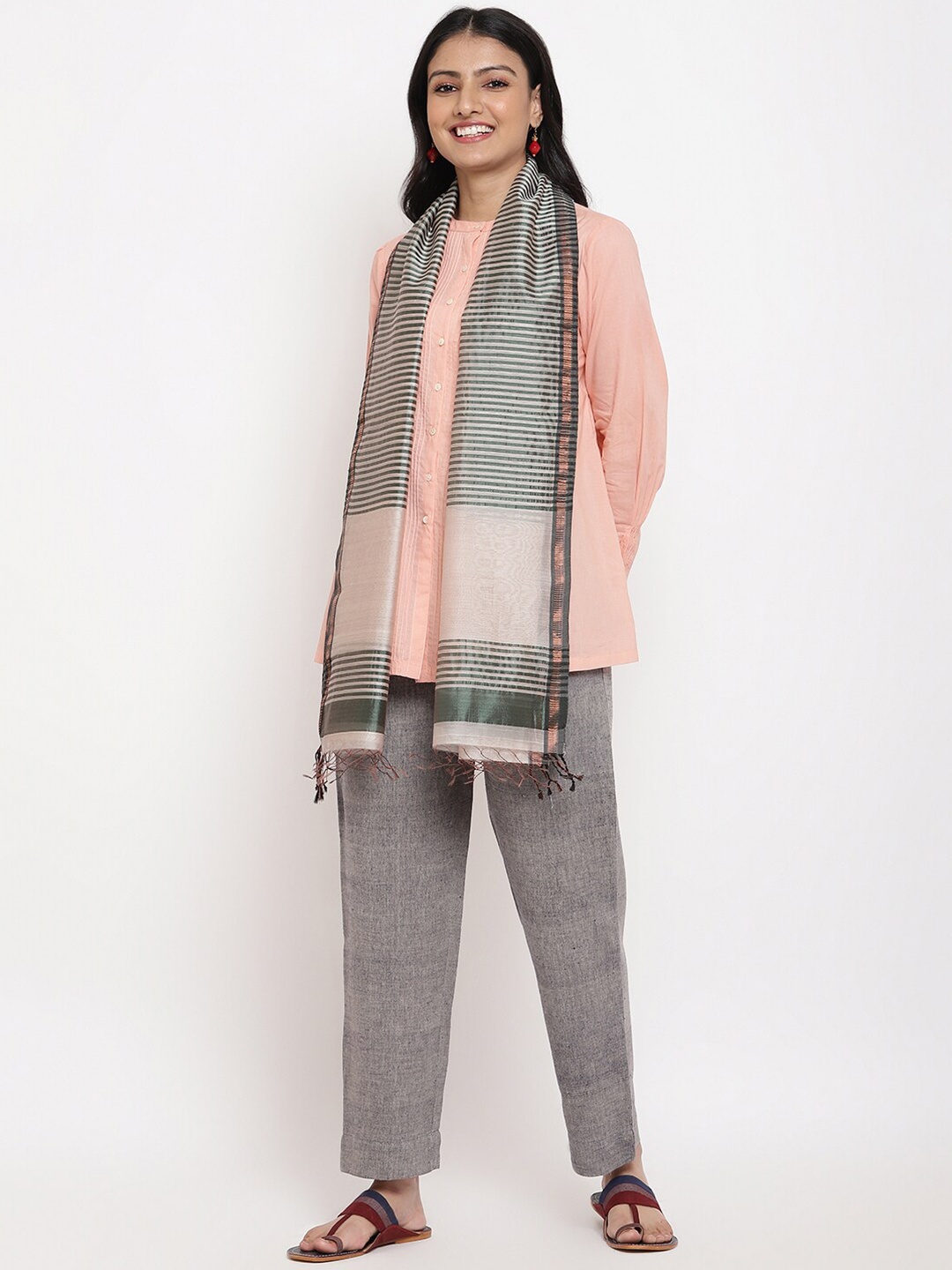 

Fabindia Women Teal & White Striped Stole