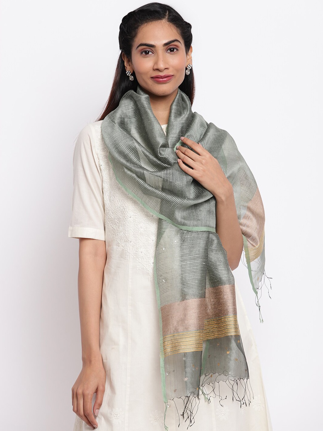 

Fabindia Women Green & Pink Striped Stole