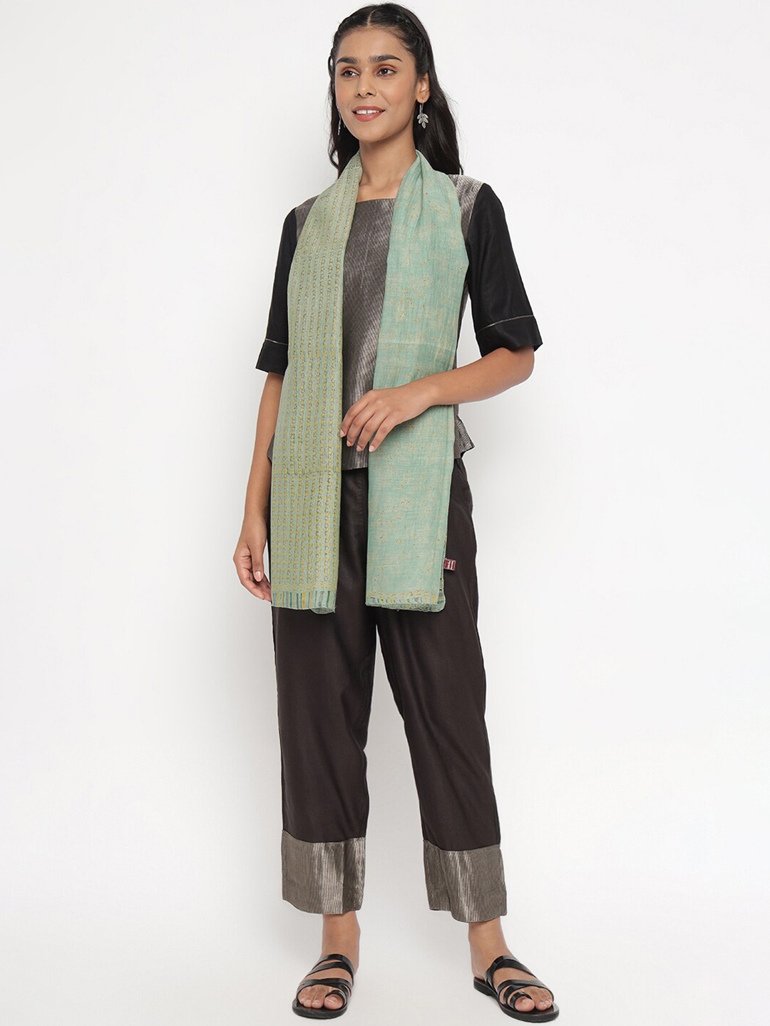 

Fabindia Women Green & Blue Printed Silk Stole