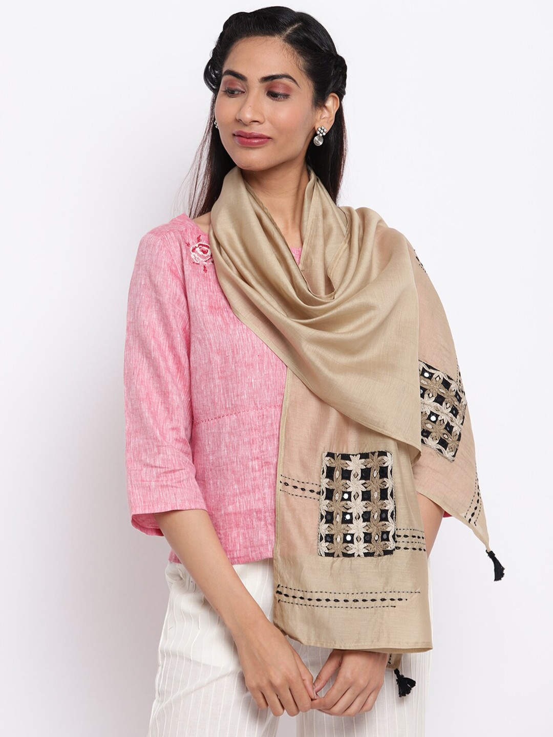

Fabindia Women Beige & Black Embroidered Stole