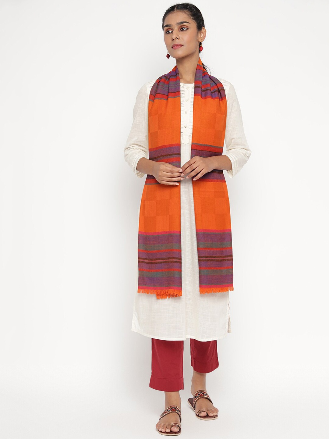 

Fabindia Women Orange Striped Woolen Stole