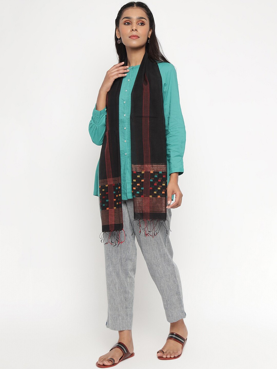 

Fabindia Women Black & Blue Woven Design Stole