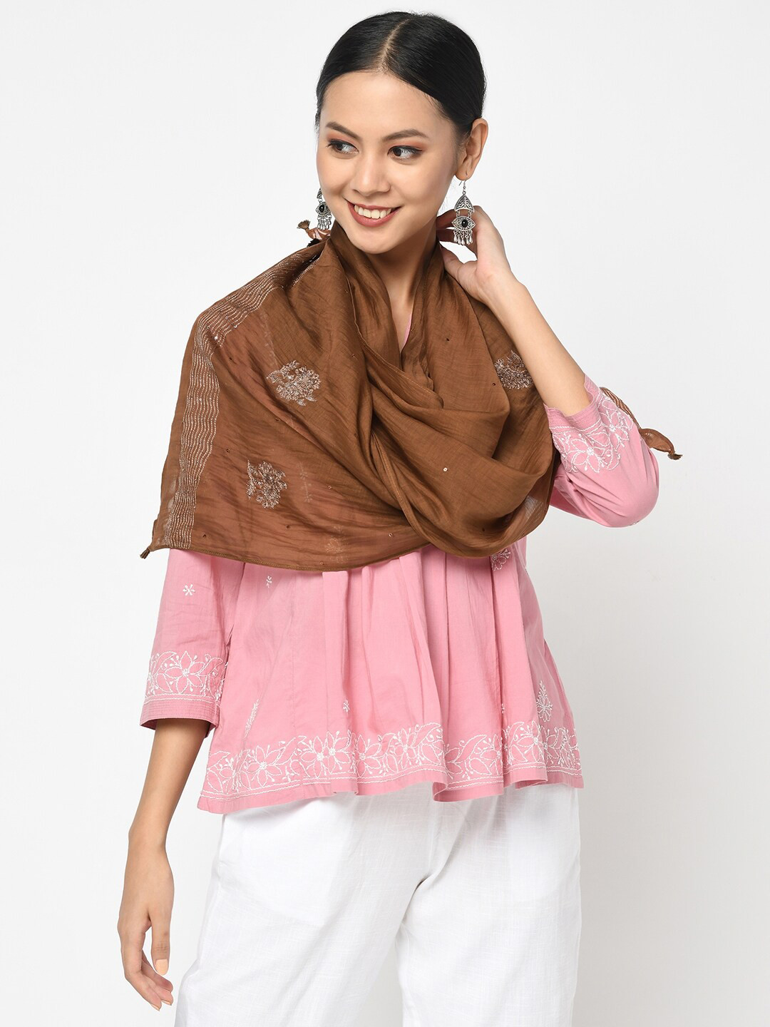 

Fabindia Women Brown Embroidered Stole