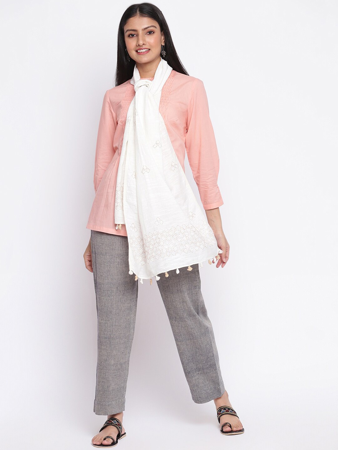 

Fabindia Women Off White Embroidered Cotton Linen Stole