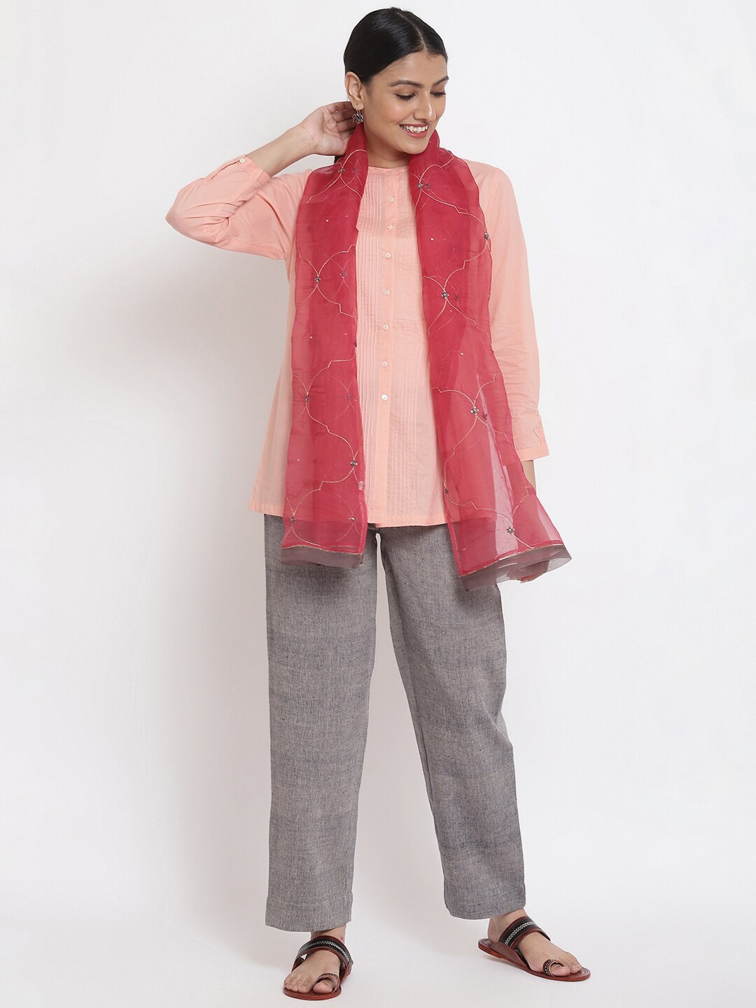 

Fabindia Women Magenta Embroidered Organza Stole